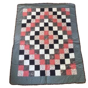Vtg Checkerboard Patchwork Quilt Throw Blanket Black Red Gray Floral Trim‎ 4x5.5